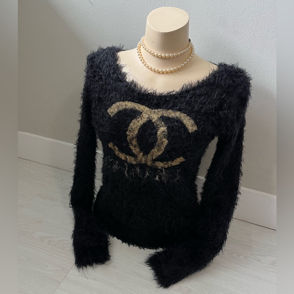CHANEL Black Fuzzy Off the shoulder Sweater with Gold Emblem - Picture 3 of 8